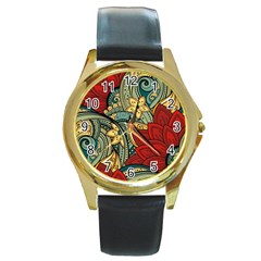 Pattern Shape Colorful Flower Leaves Round Gold Metal Watch