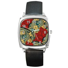 Pattern Shape Colorful Flower Leaves Square Metal Watch