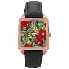 Pattern Shape Colorful Flower Leaves Rose Gold Leather Watch 