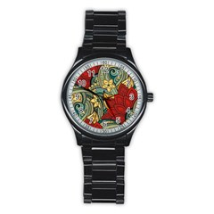 Pattern Shape Colorful Flower Leaves Stainless Steel Round Watch by Posterlux