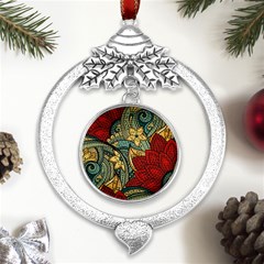 Pattern Shape Colorful Flower Leaves Metal Silver X mas Leaves Round Ornament by Posterlux