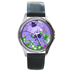 Purple Flower Nature Round Metal Watch