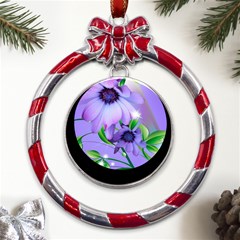 Purple Flower Nature Metal Red Ribbon Round Ornament by Posterlux