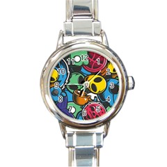 Funky Alien Pattern Abstract Colourful Drawing Round Italian Charm Watch by Posterlux