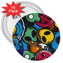 Funky Alien Pattern Abstract Colourful Drawing 3  Buttons (10 Pack) 