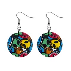 Funky Alien Pattern Abstract Colourful Drawing Mini Button Earrings