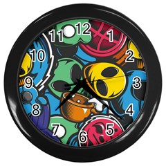 Funky Alien Pattern Abstract Colourful Drawing Wall Clock (black)