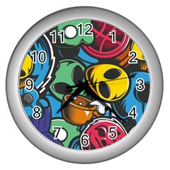 Funky Alien Pattern Abstract Colourful Drawing Wall Clock (silver)