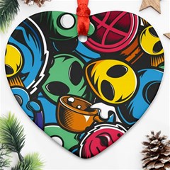 Funky Alien Pattern Abstract Colourful Drawing Heart Ornament (two Sides)