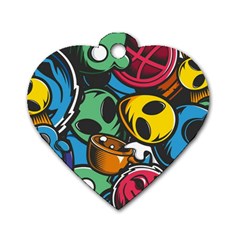 Funky Alien Pattern Abstract Colourful Drawing Dog Tag Heart (one Side)