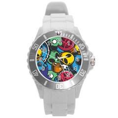 Funky Alien Pattern Abstract Colourful Drawing Round Plastic Sport Watch (l)