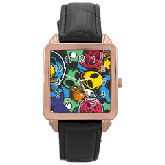 Funky Alien Pattern Abstract Colourful Drawing Rose Gold Leather Watch 