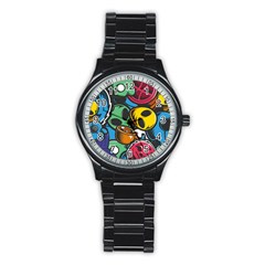 Funky Alien Pattern Abstract Colourful Drawing Stainless Steel Round Watch by Posterlux