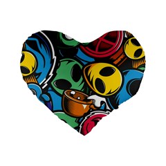 Funky Alien Pattern Abstract Colourful Drawing Standard 16  Premium Flano Heart Shape Cushions