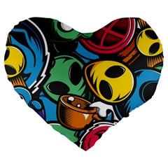 Funky Alien Pattern Abstract Colourful Drawing Large 19  Premium Flano Heart Shape Cushions