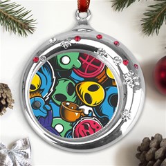 Funky Alien Pattern Abstract Colourful Drawing Metal Snowflake Red Crystal Round Ornament