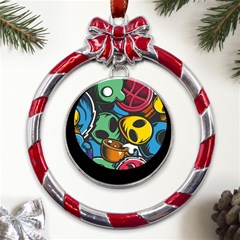 Funky Alien Pattern Abstract Colourful Drawing Metal Red Ribbon Round Ornament