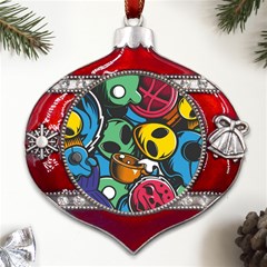 Funky Alien Pattern Abstract Colourful Drawing Metal Snowflake And Bell Red Ornament by Posterlux