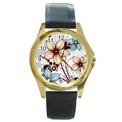 Flowers Flowers Pattern Round Gold Metal Watch by Posterlux