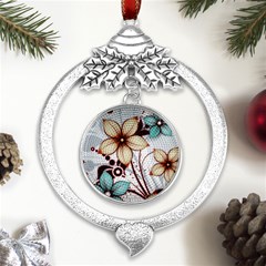 Flowers Flowers Pattern Metal Silver X mas Leaves Round Ornament by Posterlux