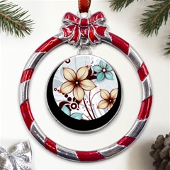 Flowers Flowers Pattern Metal Red Ribbon Round Ornament