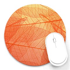 Abstract Texture Of Colorful Bright Pattern Of Transparent Leaves Of Orange And Yellow Color Round Mousepad