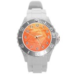 Abstract Texture Of Colorful Bright Pattern Of Transparent Leaves Of Orange And Yellow Color Round Plastic Sport Watch (L) Front