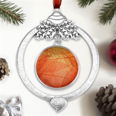 Abstract Texture Of Colorful Bright Pattern Of Transparent Leaves Of Orange And Yellow Color Metal Silver X mas Leaves Round Ornament by Posterlux