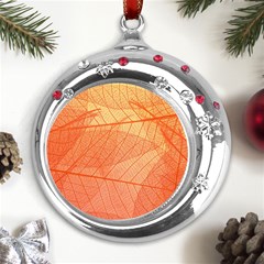 Abstract Texture Of Colorful Bright Pattern Of Transparent Leaves Of Orange And Yellow Color Metal Snowflake Red Crystal Round Ornament