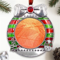 Abstract Texture Of Colorful Bright Pattern Of Transparent Leaves Of Orange And Yellow Color Metal X mas Ribbon With Red Crystal Round Ornament by Posterlux