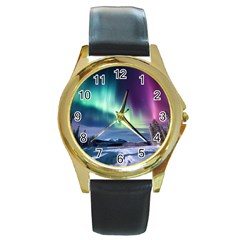 Northern Lights Aurora Night Nature Round Gold Metal Watch