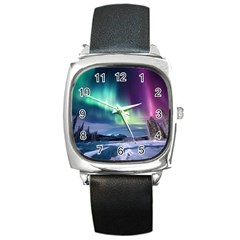 Northern Lights Aurora Night Nature Square Metal Watch