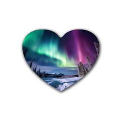 Northern Lights Aurora Night Nature Rubber Heart Coaster (4 Pack)