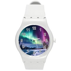 Northern Lights Aurora Night Nature Round Plastic Sport Watch (m)