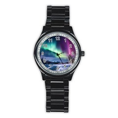 Northern Lights Aurora Night Nature Stainless Steel Round Watch