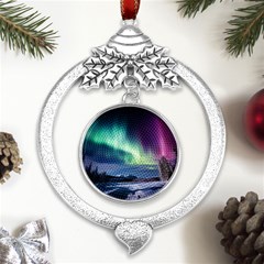 Northern Lights Aurora Night Nature Metal Silver X mas Leaves Round Ornament