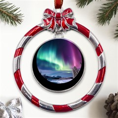 Northern Lights Aurora Night Nature Metal Red Ribbon Round Ornament