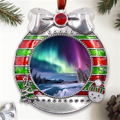 Northern Lights Aurora Night Nature Metal X mas Ribbon With Red Crystal Round Ornament