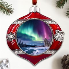 Northern Lights Aurora Night Nature Metal Snowflake And Bell Red Ornament