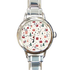 Happy Holiday Xmas Christmas Pattern Round Italian Charm Watch by Paksenen