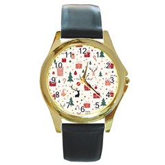 Happy Holiday Xmas Christmas Pattern Round Gold Metal Watch by Paksenen