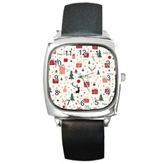 Happy Holiday Xmas Christmas Pattern Square Metal Watch