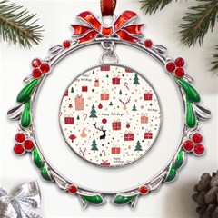 Happy Holiday Xmas Christmas Pattern Metal X mas Wreath Ribbon Ornament by Paksenen