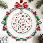 Happy Holiday Xmas Christmas Pattern Metal X mas Wreath Ribbon Ornament Front