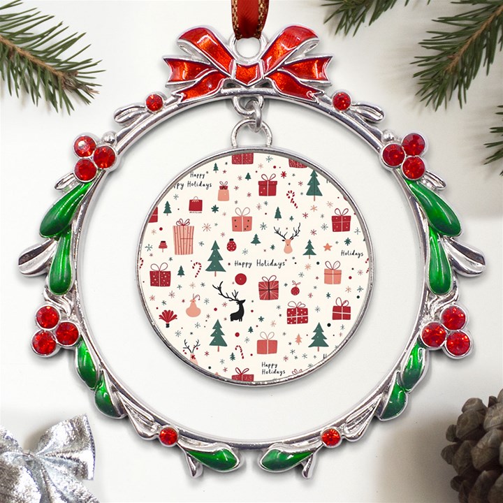 Happy Holiday Xmas Christmas Pattern Metal X mas Wreath Ribbon Ornament