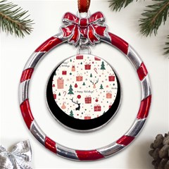 Happy Holiday Xmas Christmas Pattern Metal Red Ribbon Round Ornament by Paksenen