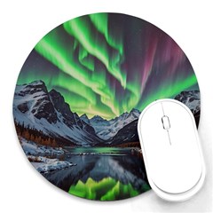 Lake Mountains Aorora Northern Lights Snow Round Mousepad by Paksenen