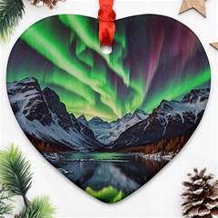 Lake Mountains Aorora Northern Lights Snow Ornament (heart)