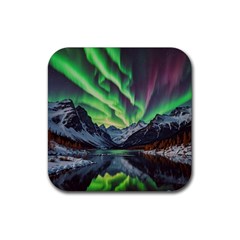 Lake Mountains Aorora Northern Lights Snow Rubber Coaster (square)