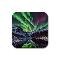 Lake Mountains Aorora Northern Lights Snow Rubber Square Coaster (4 Pack)